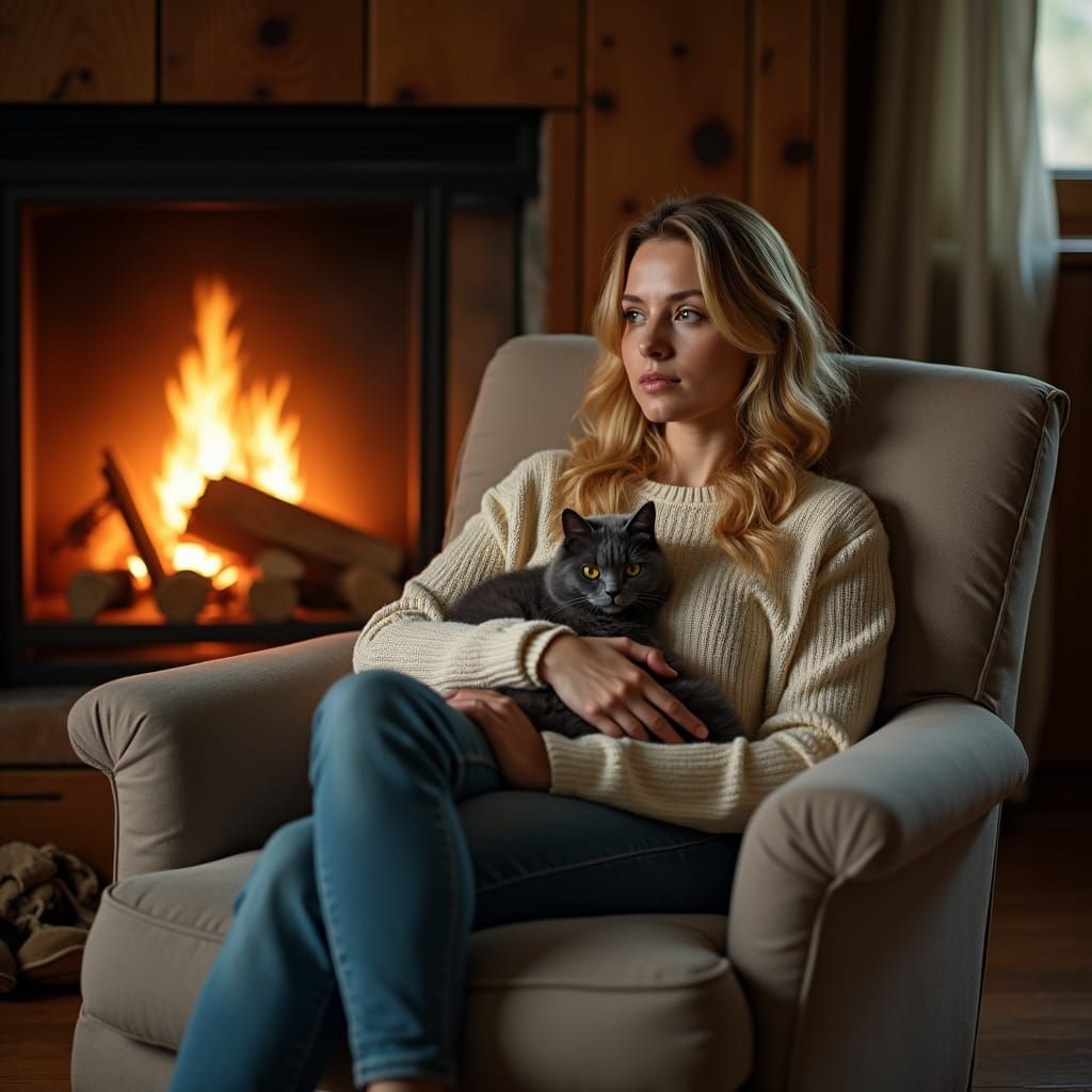 Cozy Woman with Grey Cat by Fireplace