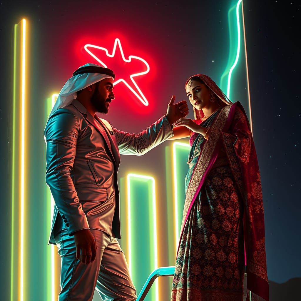 Surreal Futuristic Scene of Middle Eastern Man Assisting Ind...