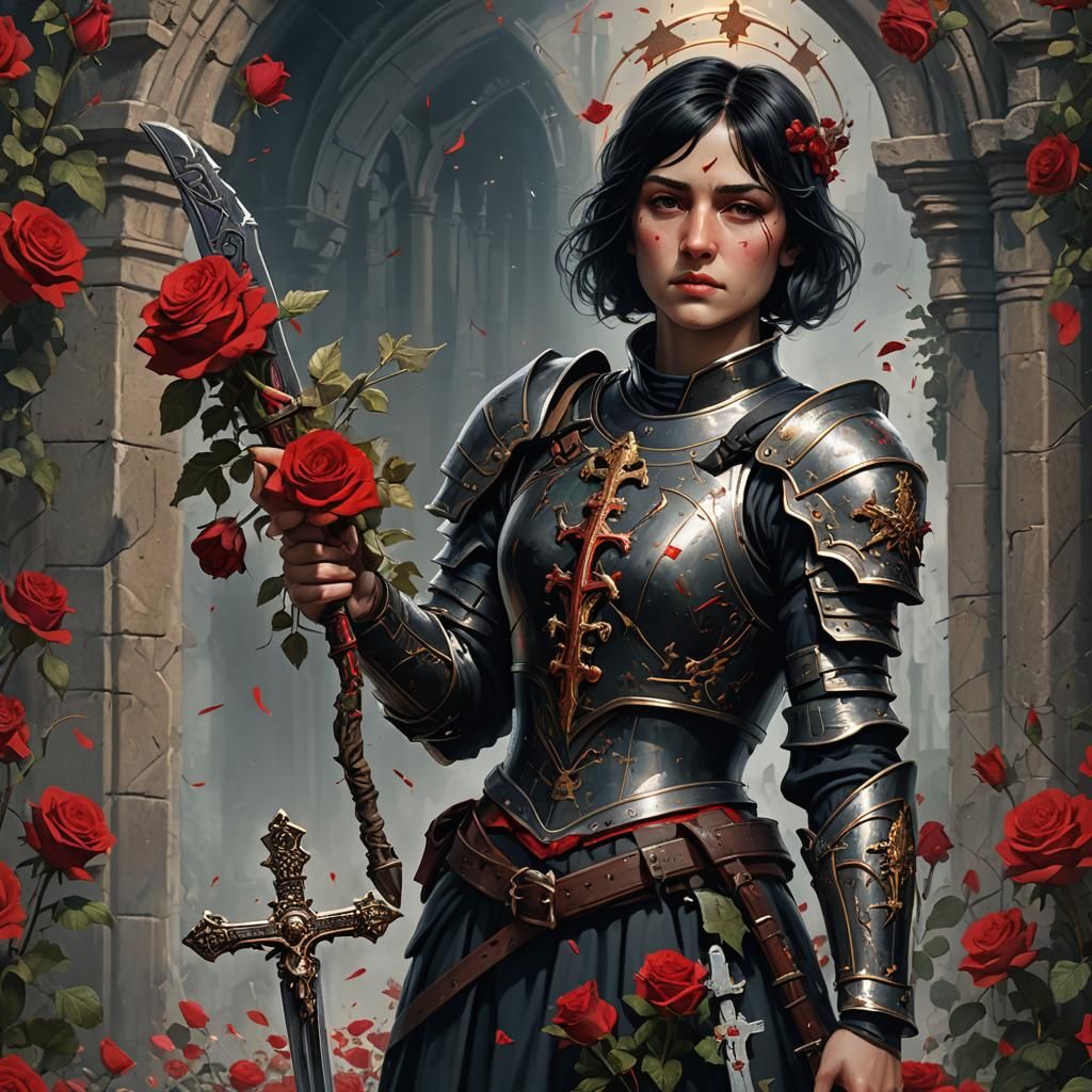 Saint Joan of Arc Impasto Painting with Roses