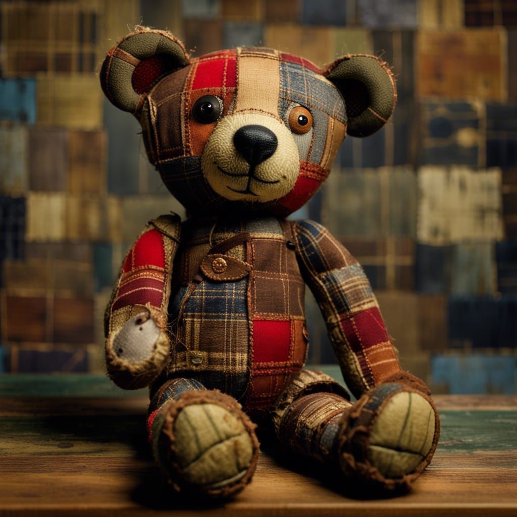 Worn Teddy Bear on Patchwork, Artistic Style