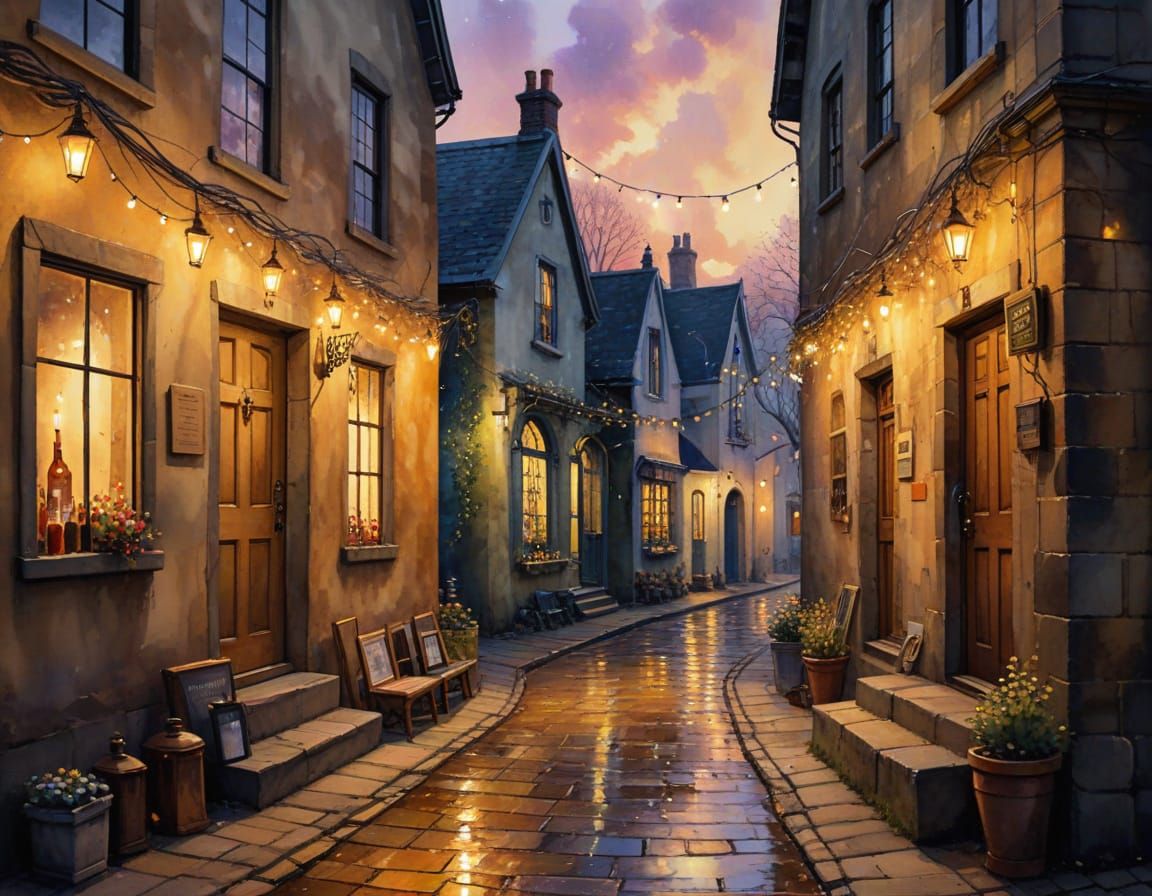 Cobblestone Alley: Watercolor Shop and Graveyard