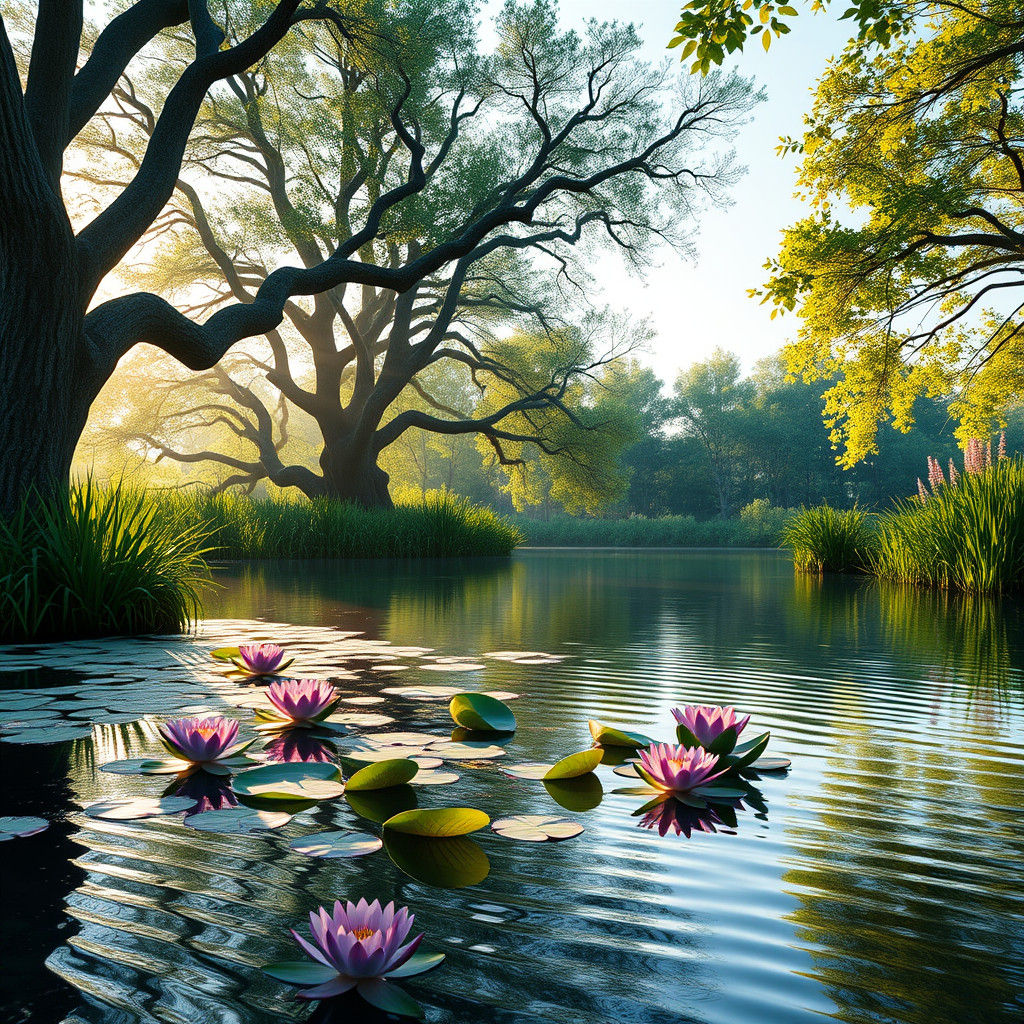 Spring Dawn Over Emerald Lake, Fantasy Concept Art