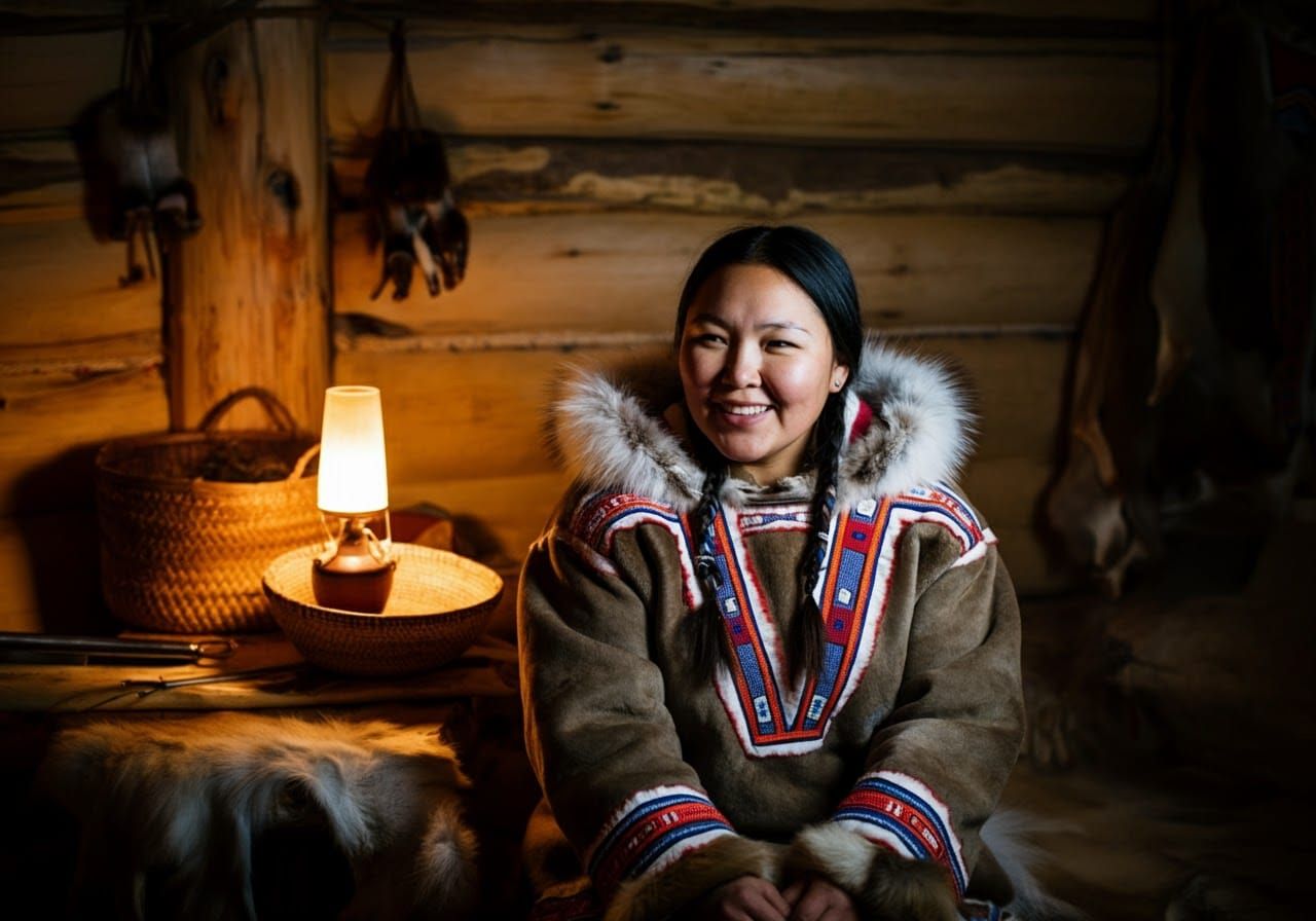 Inuit Woman Enjoying a Drink in Traditional Home