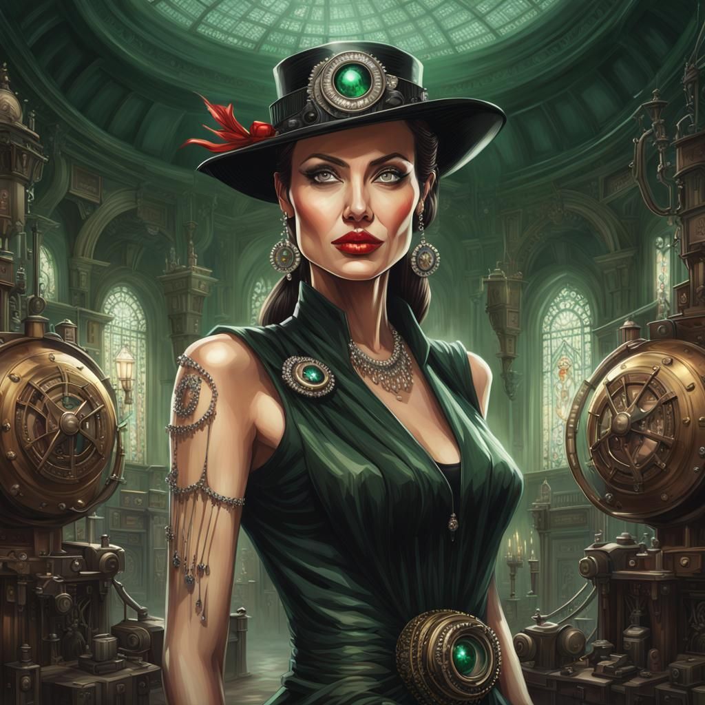 Cyberpunk Angelina Jolie Portrait in Steampunk Style