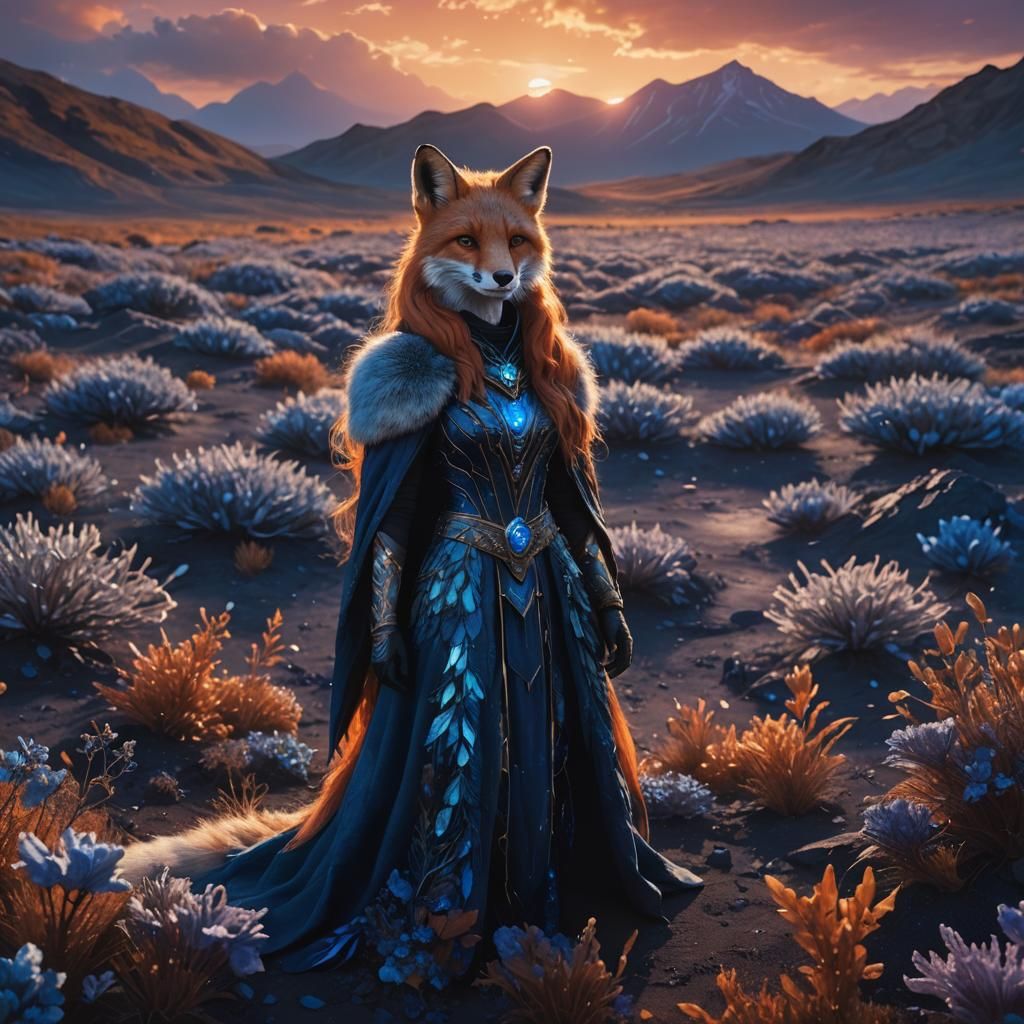 Fox Woman in Azurite Fields: Fantasy Concept Art