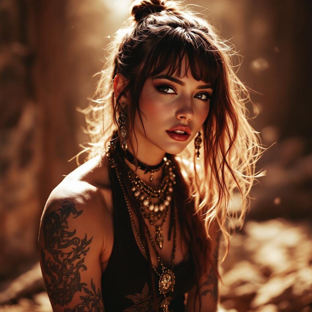 Charming Woman with Tattoos in Dramatic Lighting