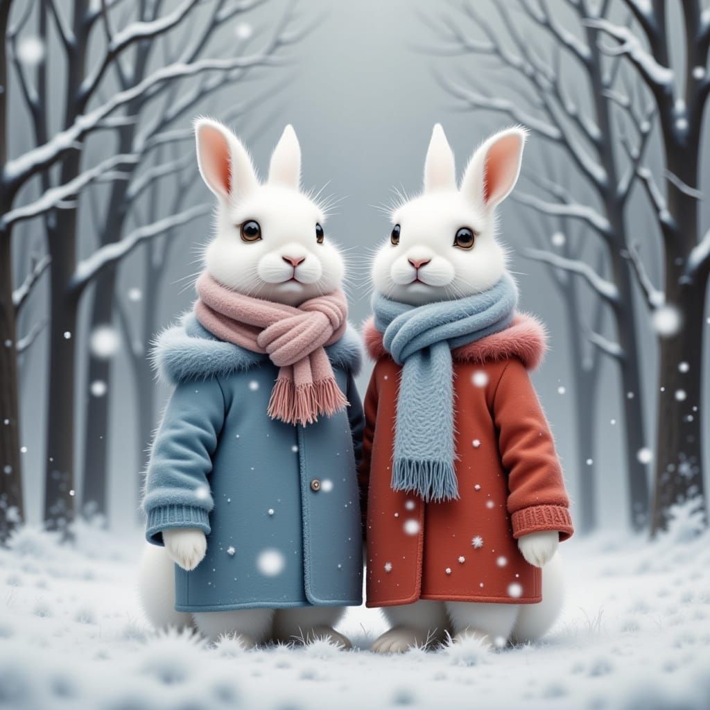 Charming Rabbits in Snowy Forest