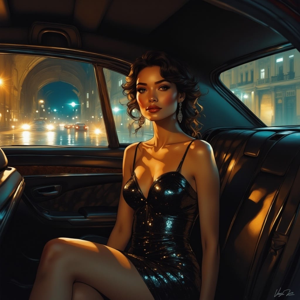 Elegant Woman Reigns in Low-Lit Nighttime Scene in Cyberpunk...