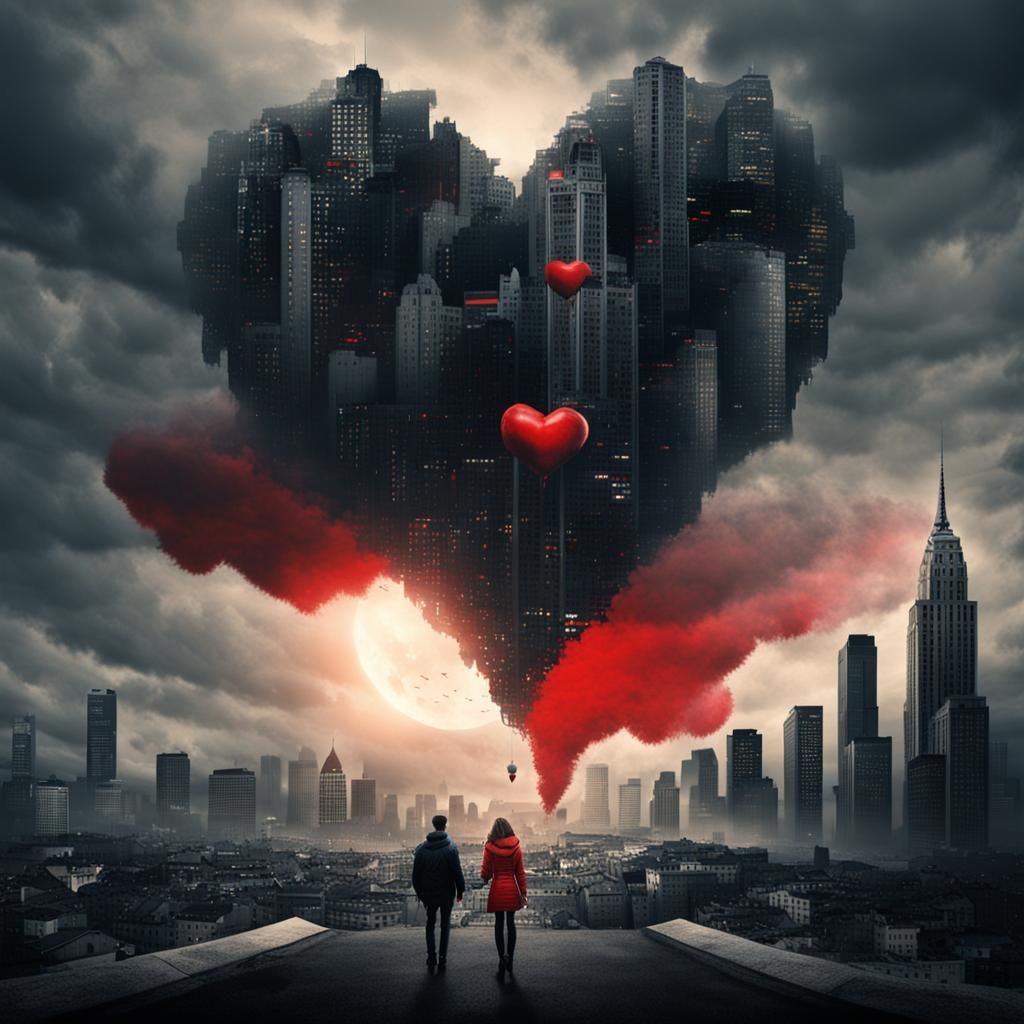 Red Heart Over Cityscape