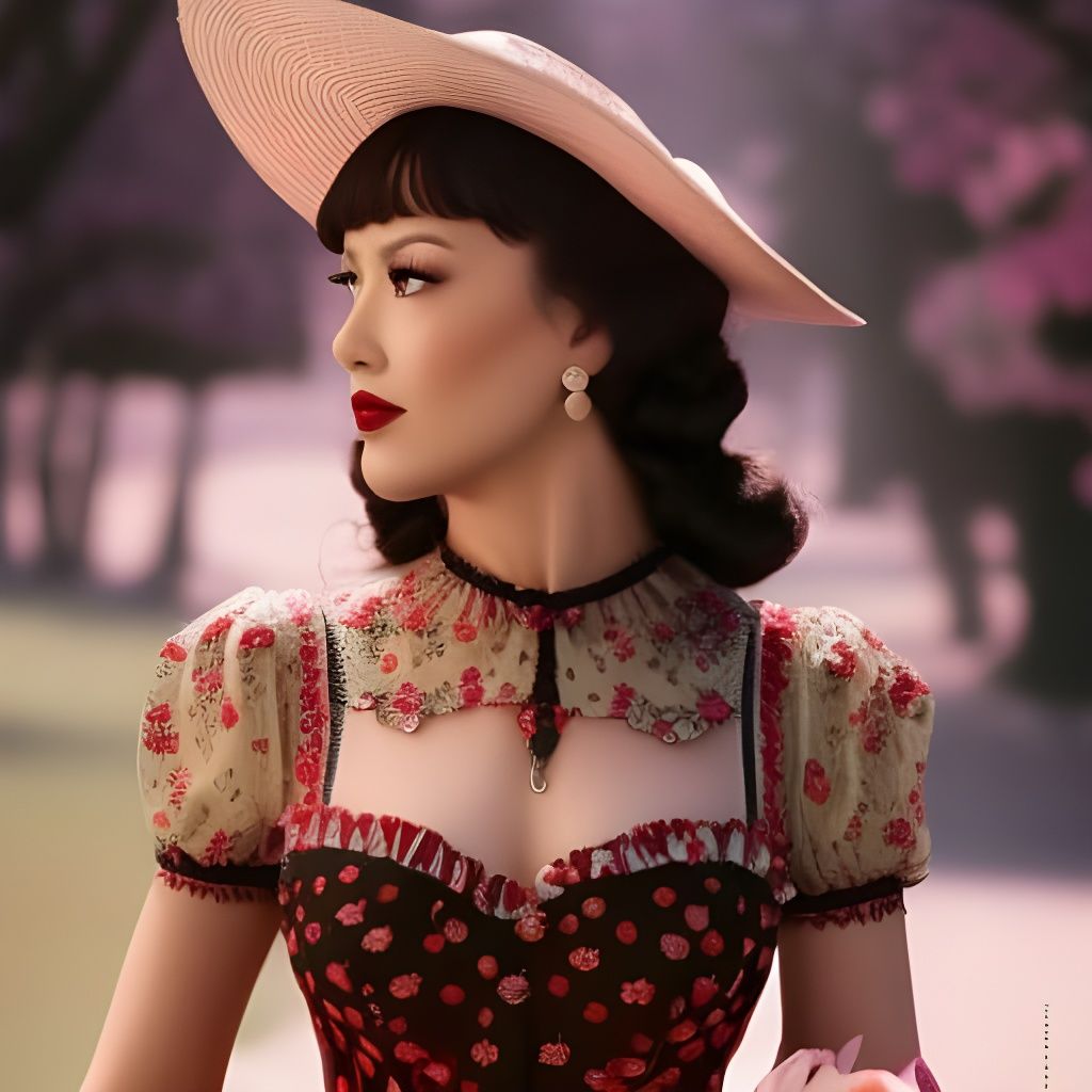 Betty Page(ish) girl in strawberry print dress