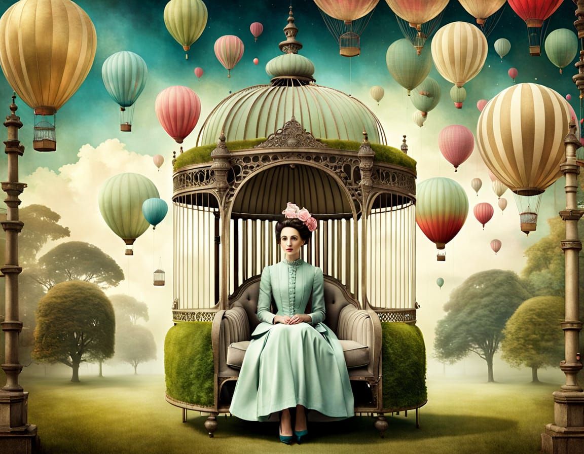 Woman in Birdcage in Surreal Garden