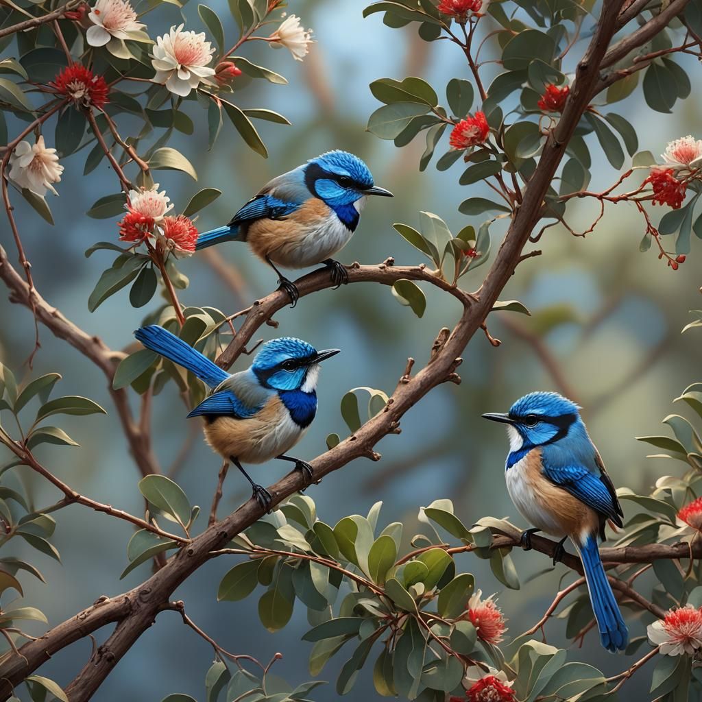 Blue Wrens Preening on Eucalyptus Branch