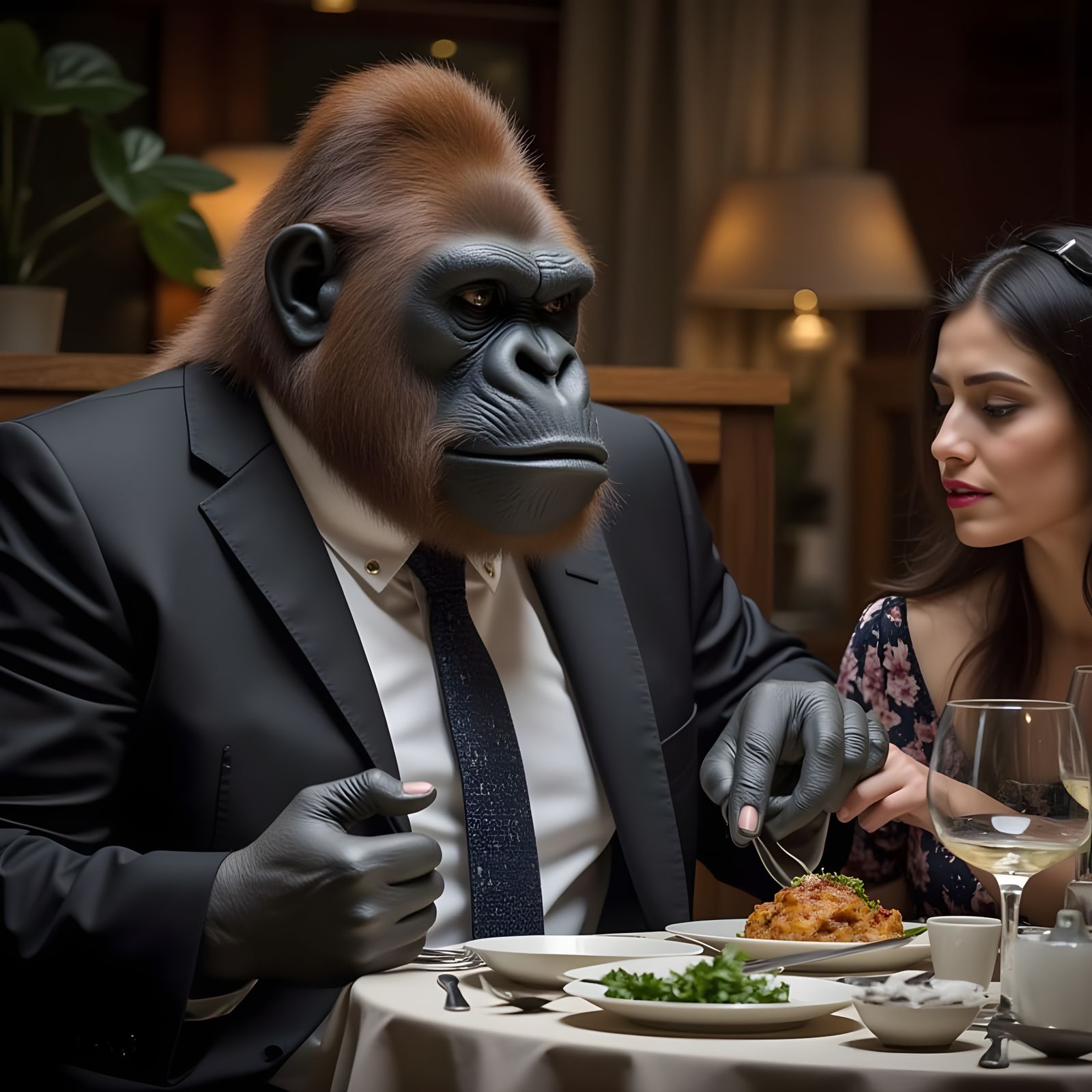 Drunk Gorilla Argues at Dinner Table with Wife