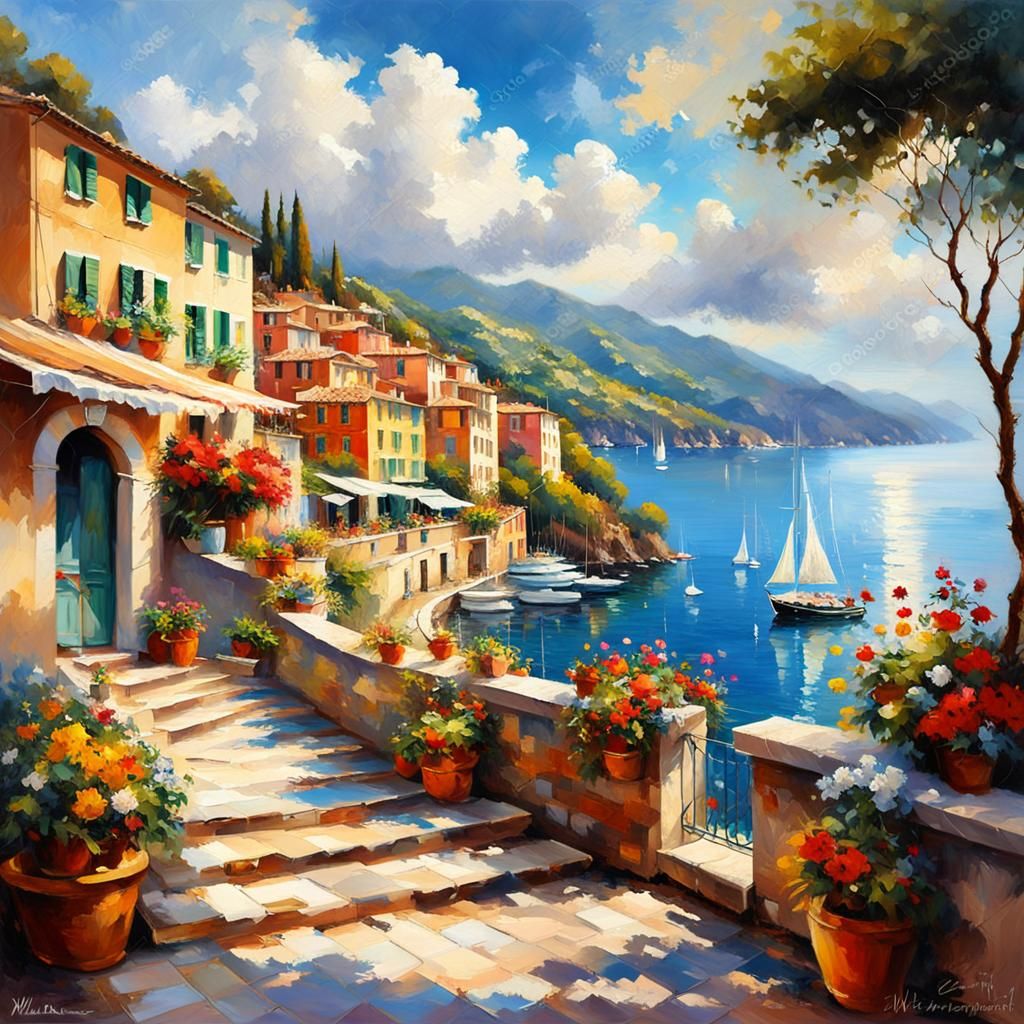 Portofino Summer Scene as Impressionist Oil Painting