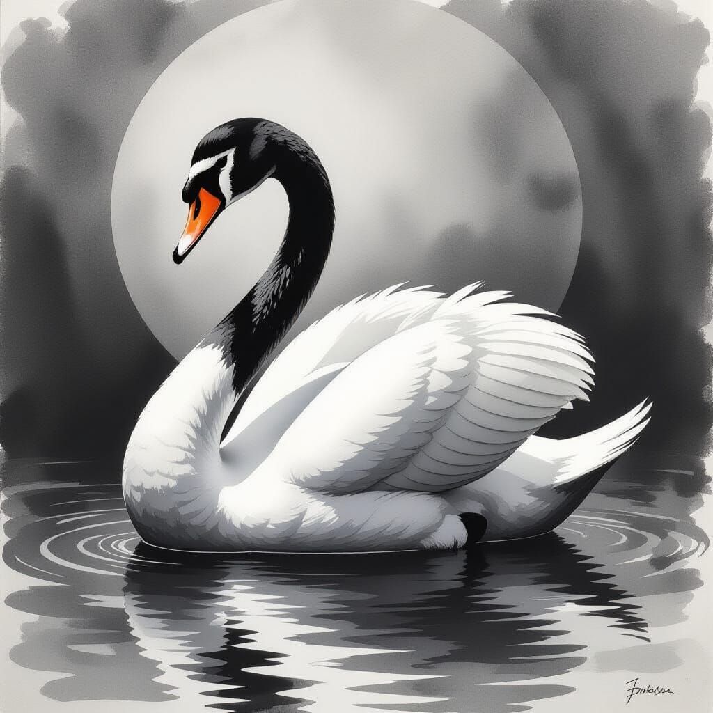 Art Nouveau Swan Drawing in Minimalist Style