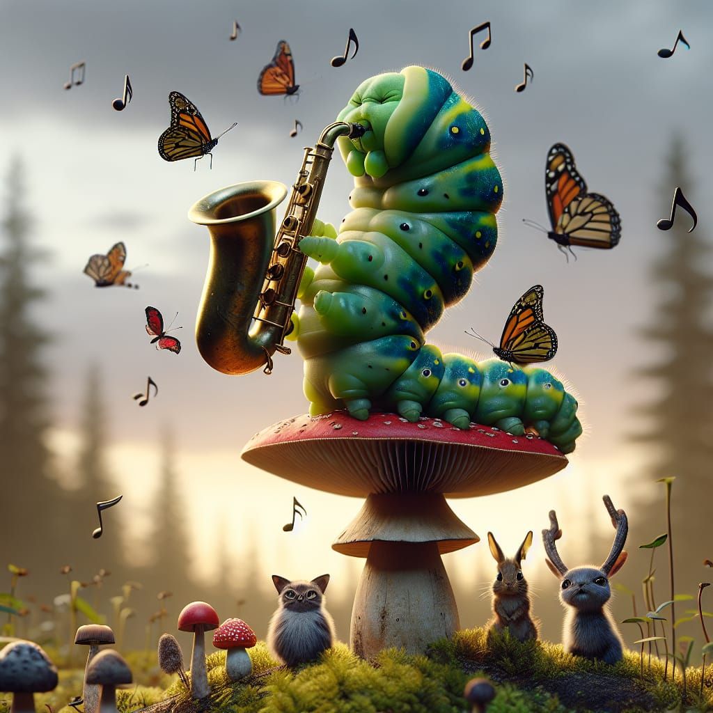 Caterpillar Saxophonist Plays for Woodland Creatures
