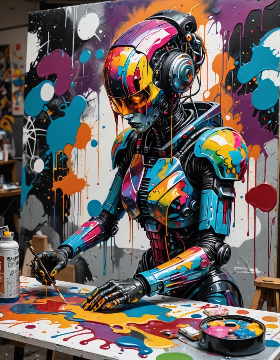 Fembot Painting on Futuristic Canvas in Graffiti Art Style