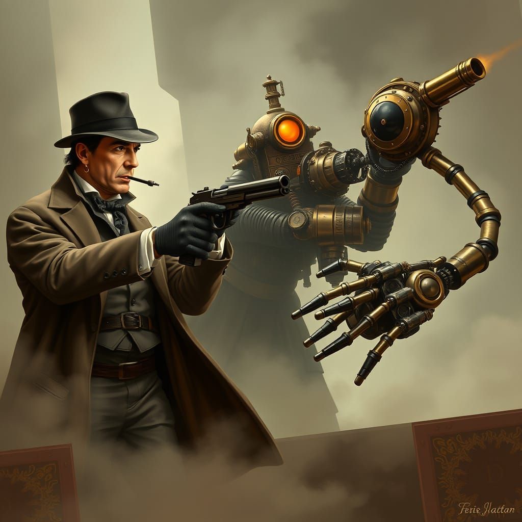 Steampunk Sherlock Holmes Confronts Robotic Assailant