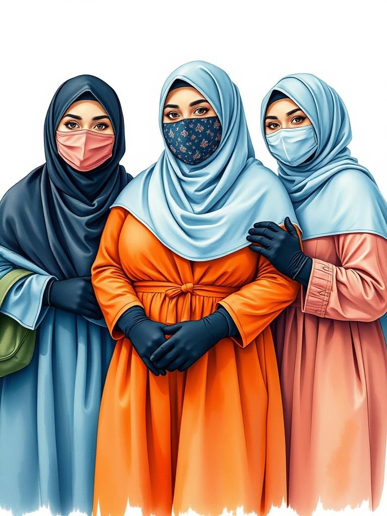 Vibrant Watercolor of Three Modest Women