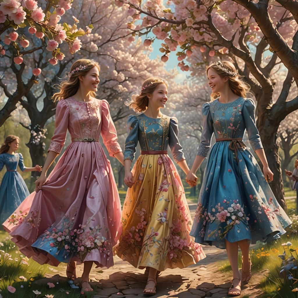 Girls in Blossoming Orchard: Fantasy Matte Painting