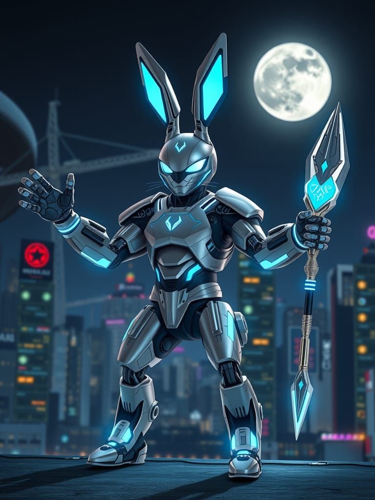 Mechanized Rabbit Superhero in Futuristic Cityscape