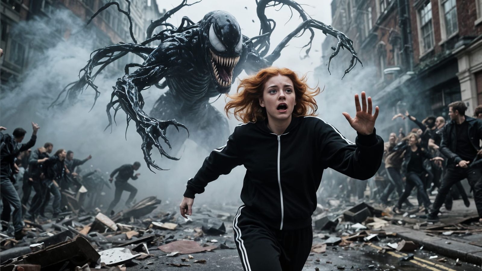 Urban Nightmare: Woman Flees Symbiote Monster in Foggy Londo...