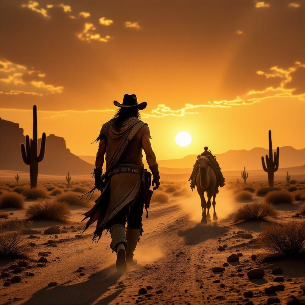 Lone Wanderer in Post-Apocalyptic Desert Landscape