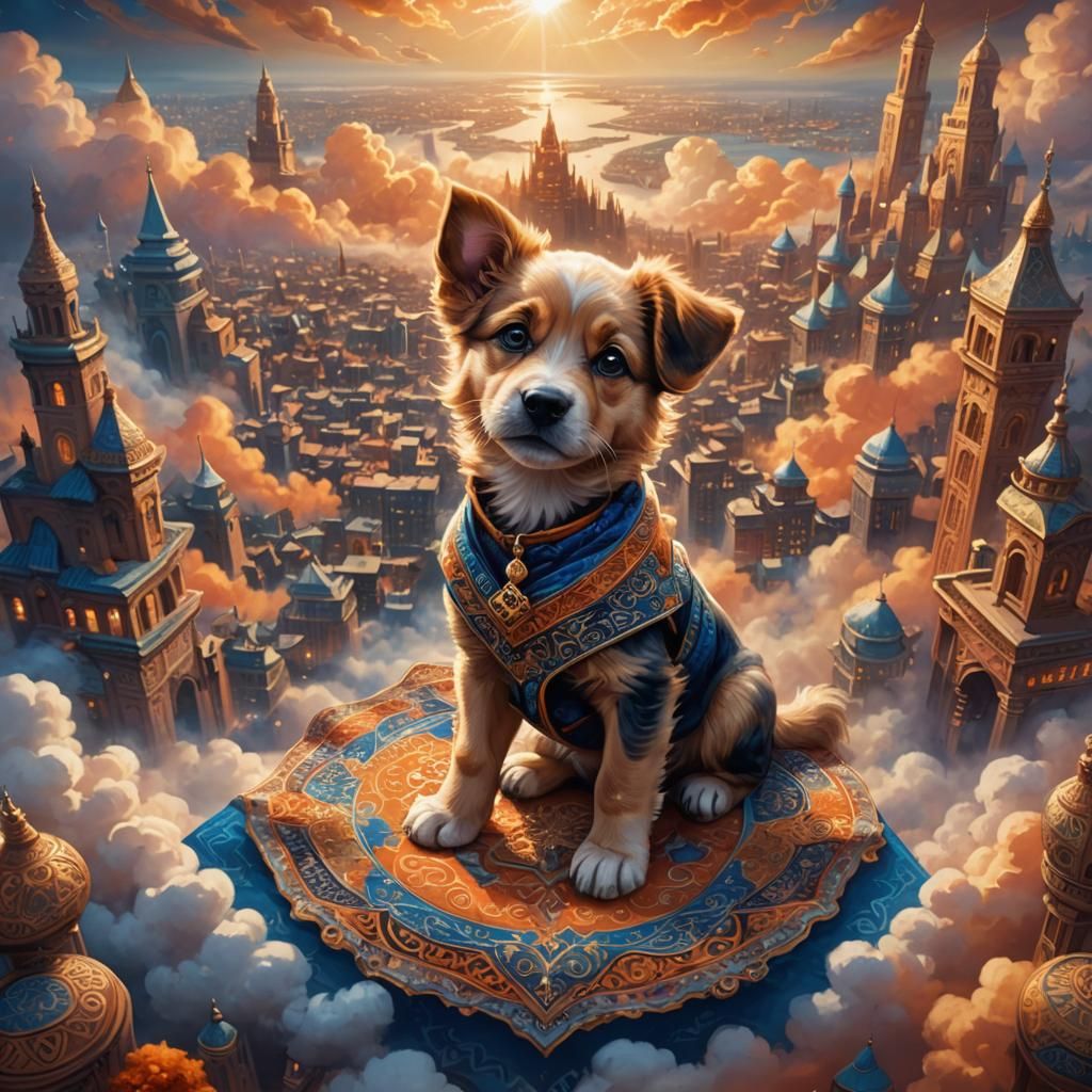 Puppy's Magic Carpet Ride Above Cityscape
