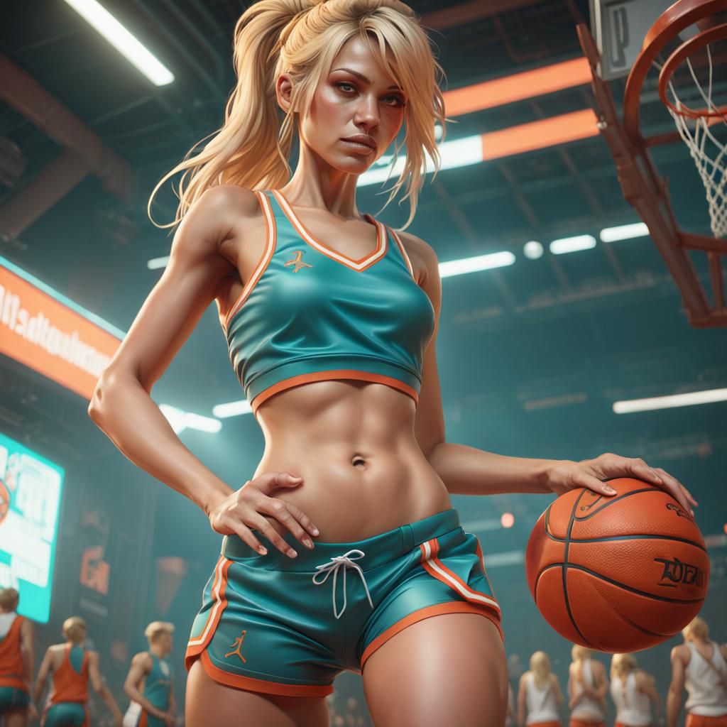 Hyperdetailed Woman in Basketball Uniform, Art Nouveau Style