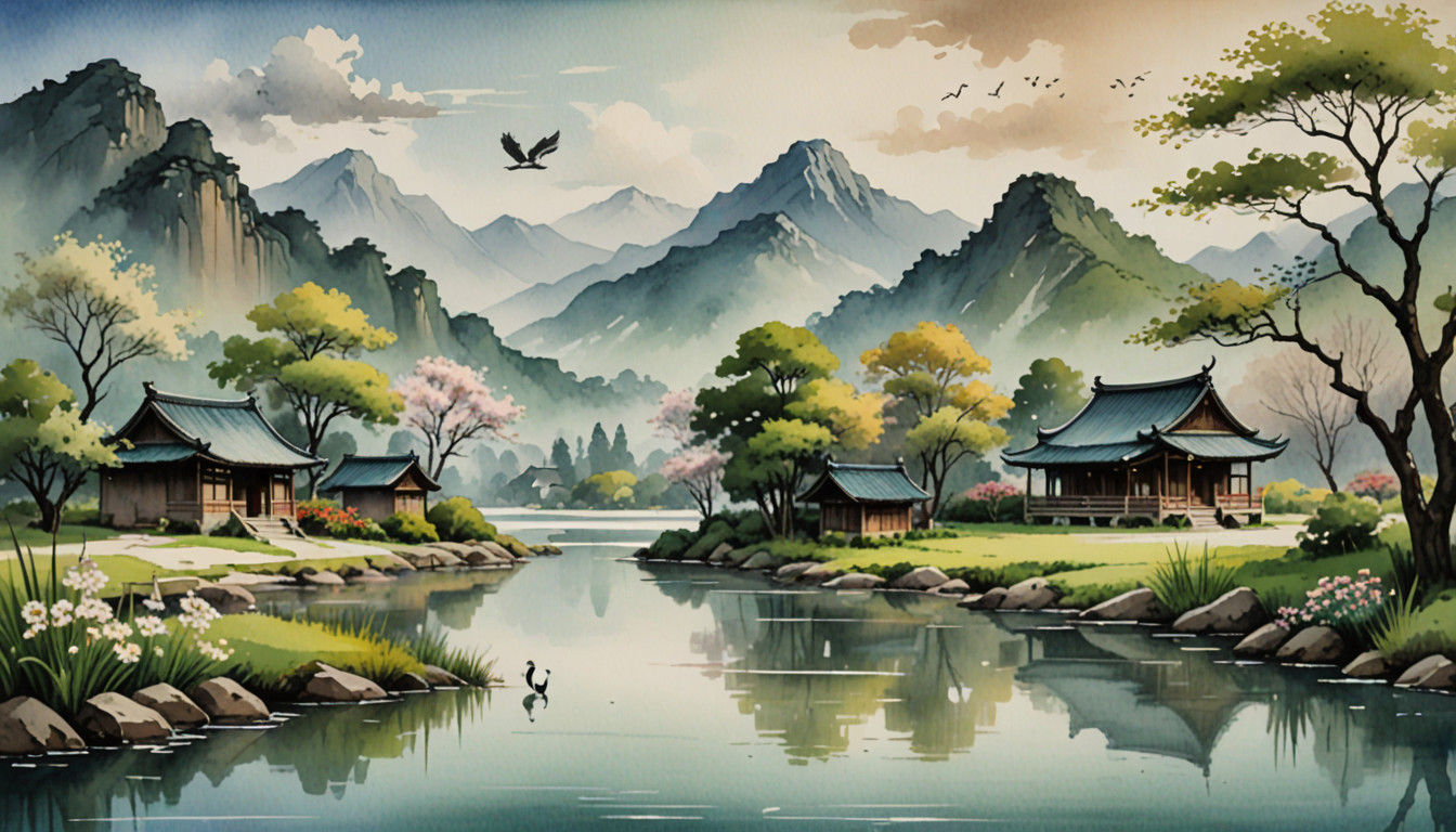 Serene Chinese Landscape in Traditional Ink Art Style
