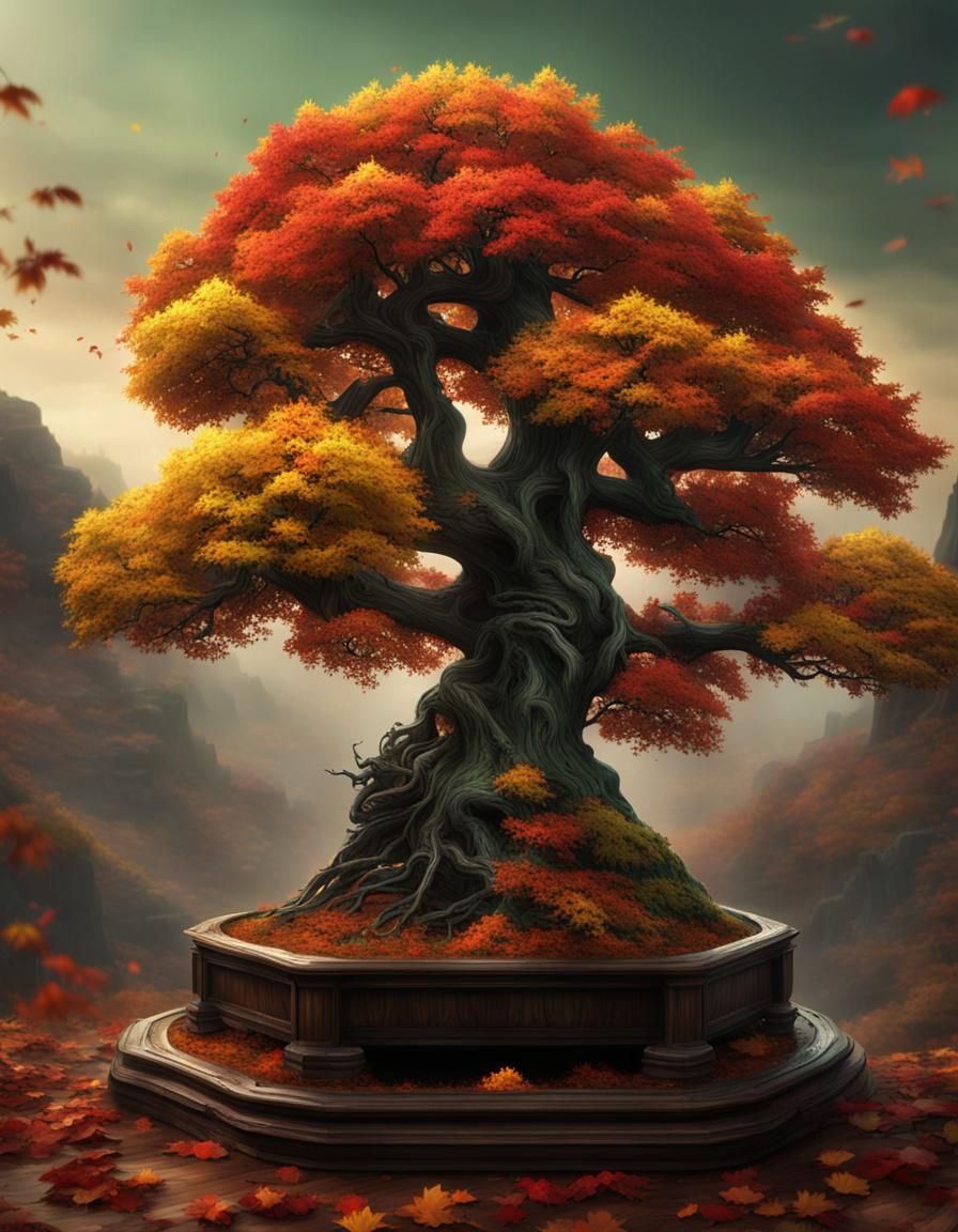 Epic Bonsai Tree with Autumn Colors in Digital Painting