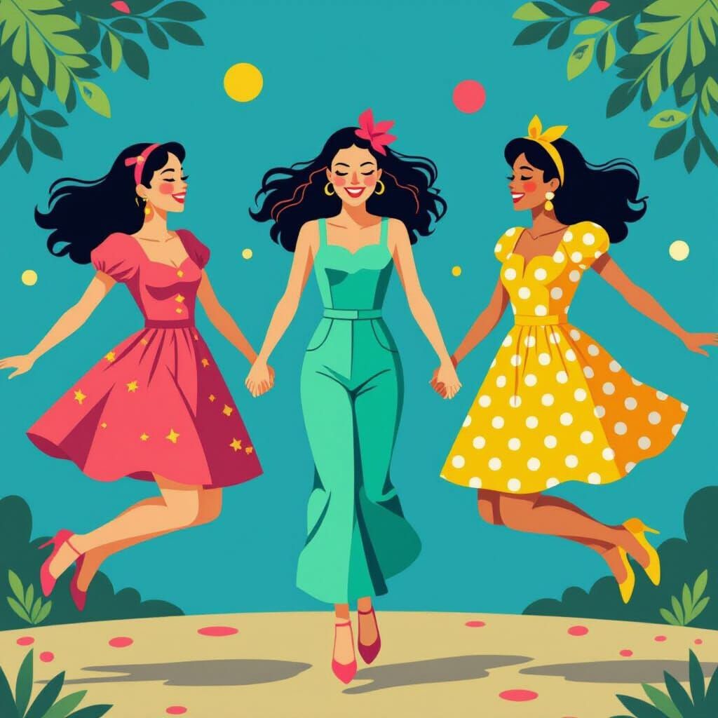 Whimsical Women Jumping in Colorful Dresses