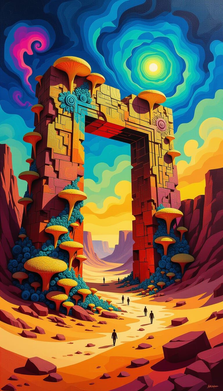 Surreal Ancient Gateway with Bioluminescent Fungi in Thick P...