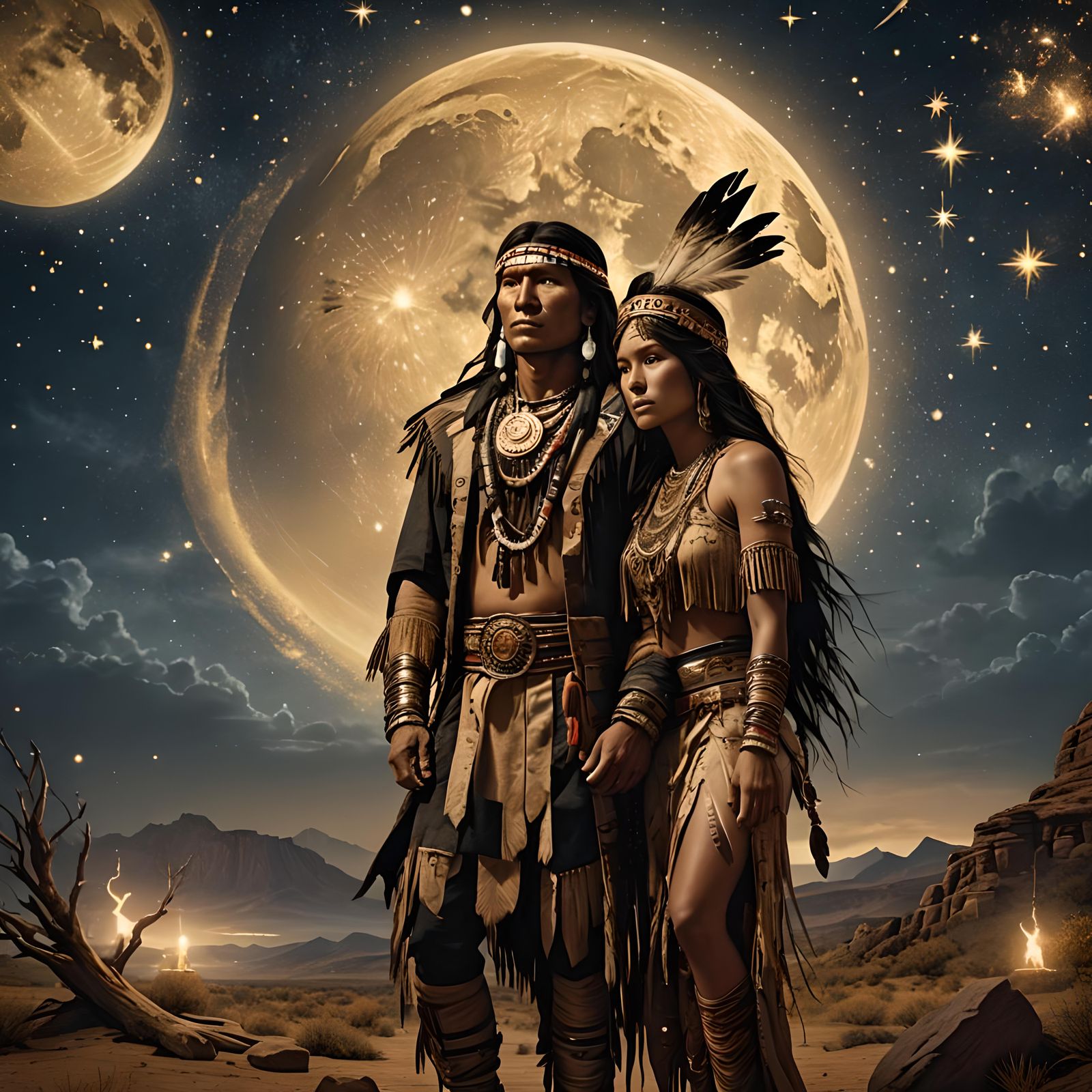 Native American Couple Under Golden Moon