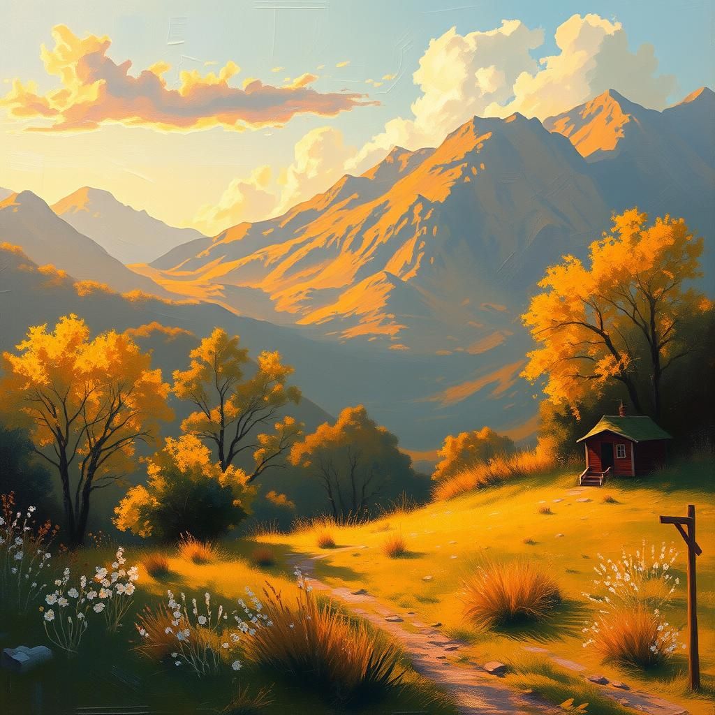 Golden Landscape Painting in Impressionist Style