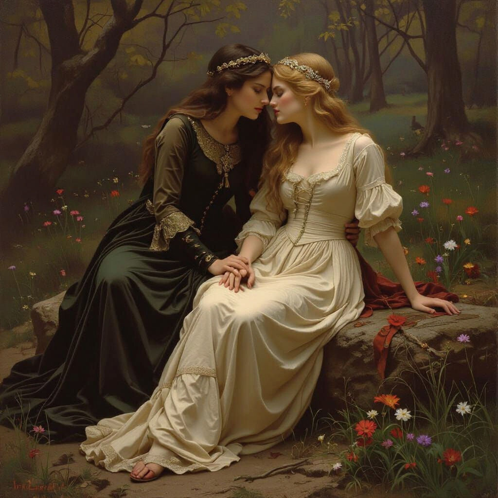 Romantic Pre-Raphaelite Scene with Two Women