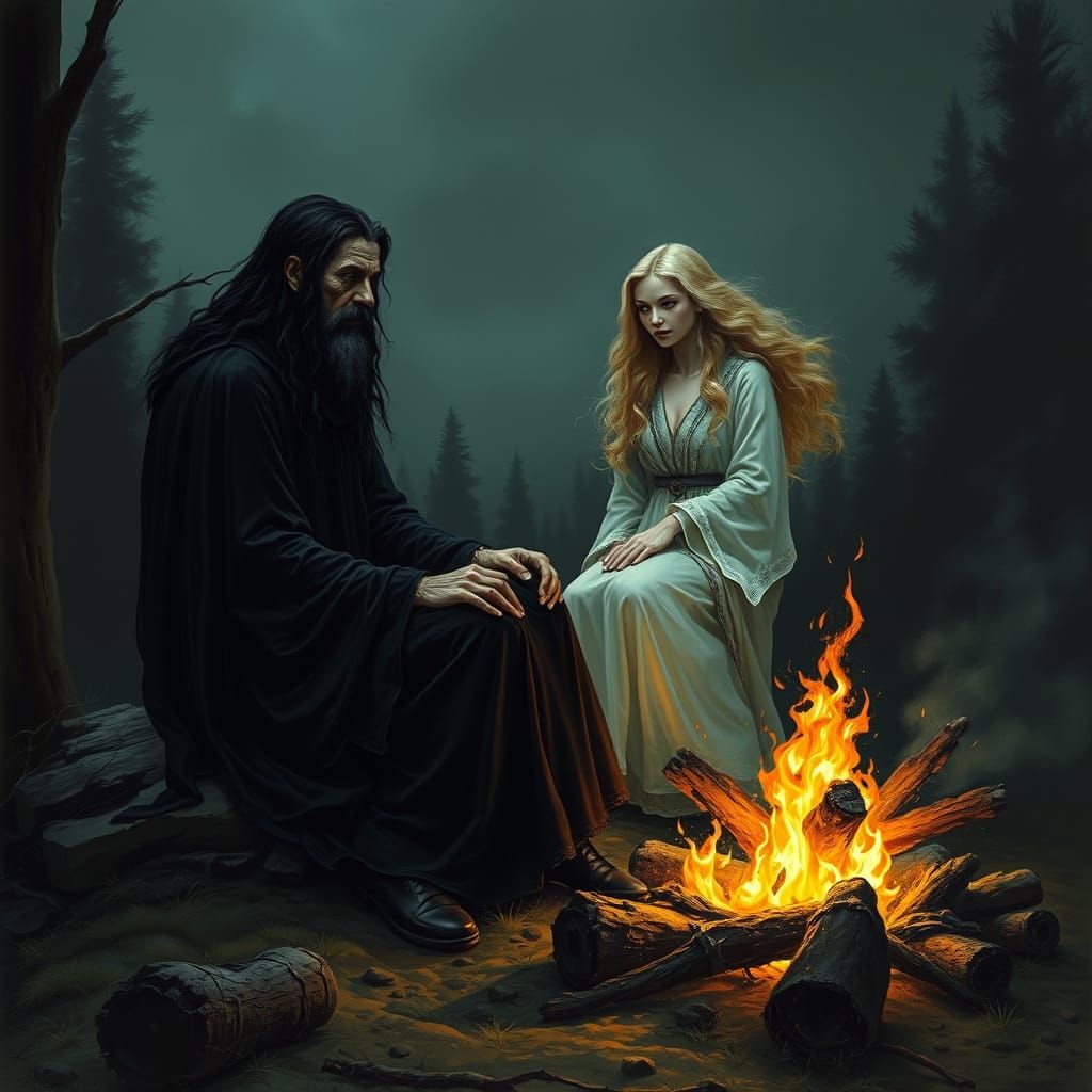 Dark Sorcerer with Blonde Beauty in Dark Fantasy Style