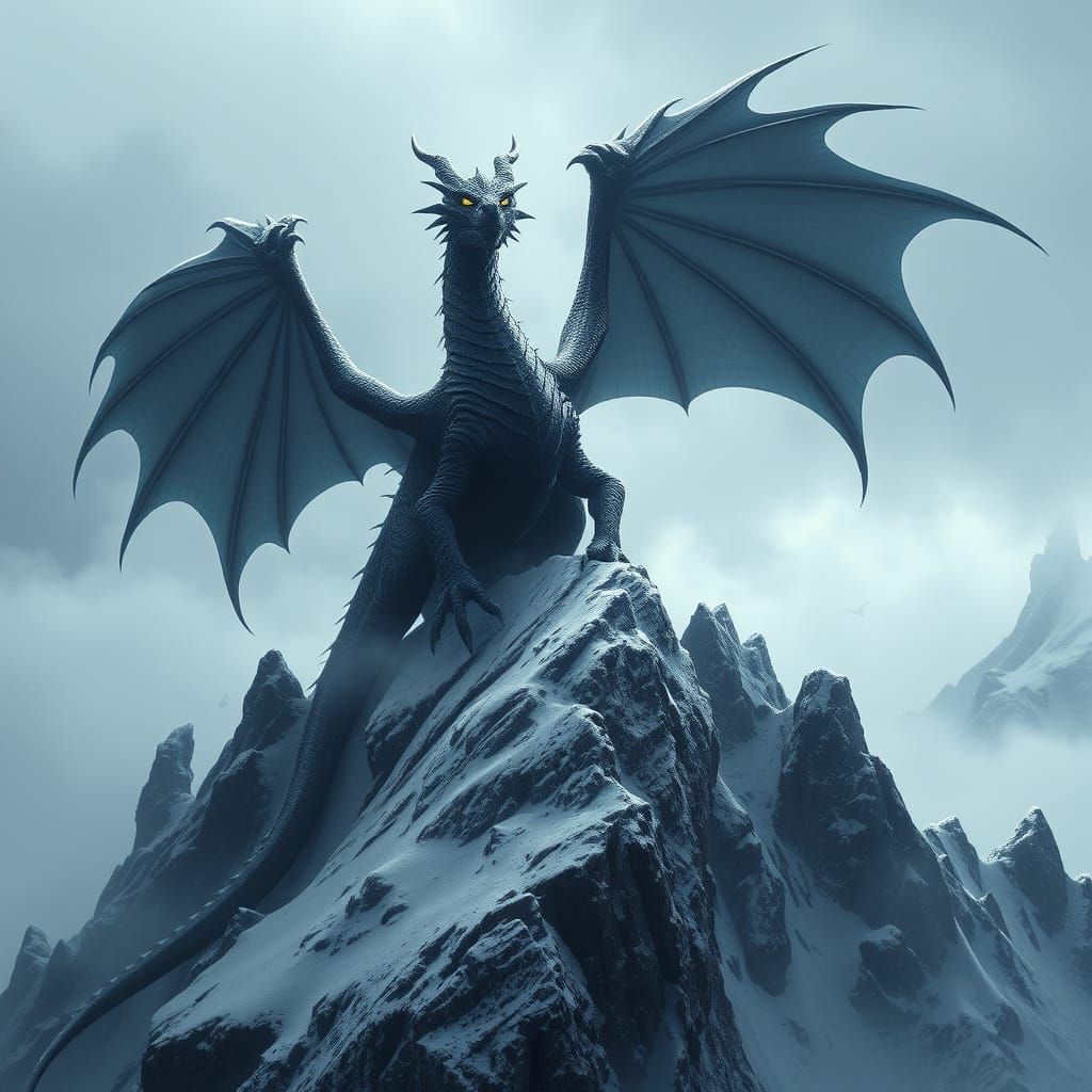 Obsidian Dragon Reigns Supreme on Snow-Capped Mountain Peak