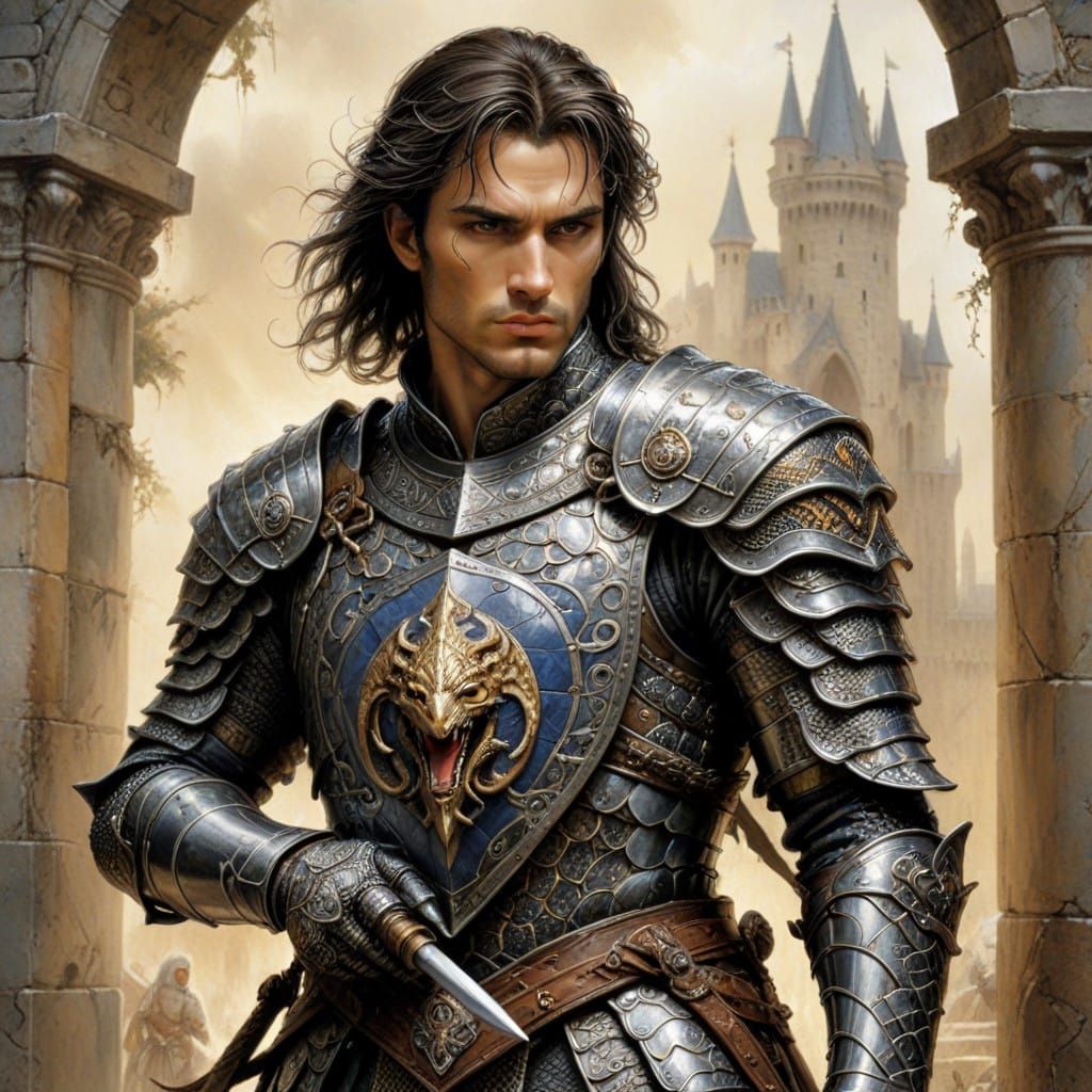 A medieval fantasy knight. He was a breastplate with a stylized coiled serpent on it. Luis Royo, mosaic