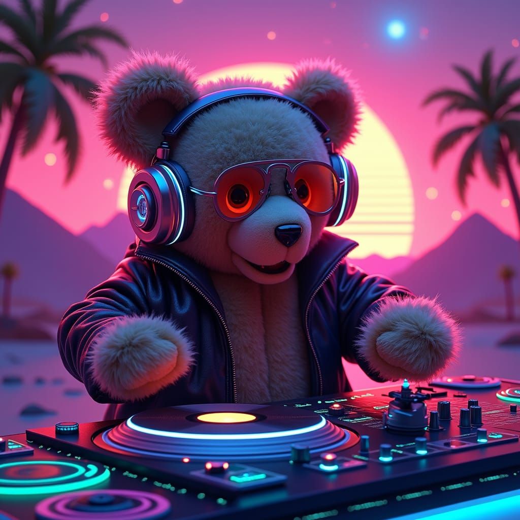 Teddy Bear DJ in Neon Synthwave Landscape