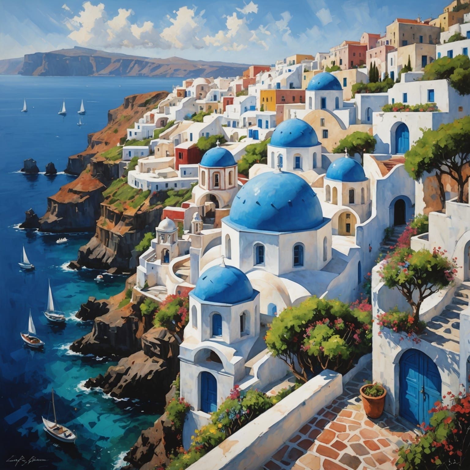 Santorini Coast in Impressionistic Oil Painting Style