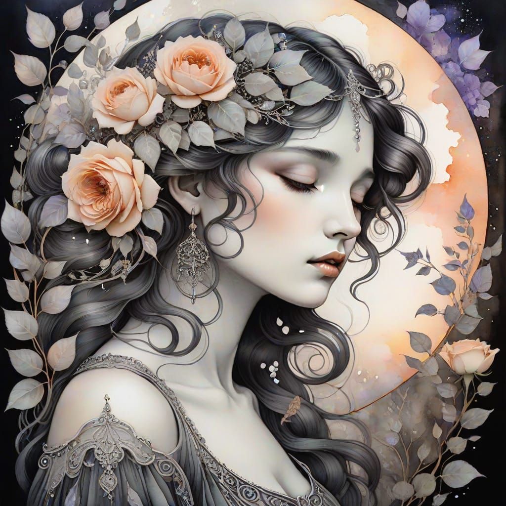 Ethereal Melancholic Dreamer Portrait in Surreal Garden