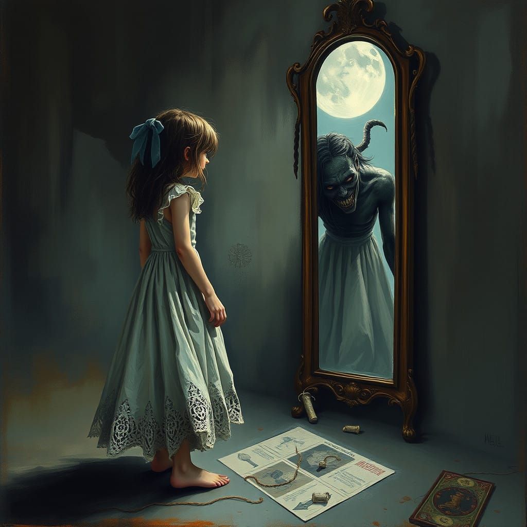 Ethereal Girl Confronts Dark Reflection in Haunting Scene
