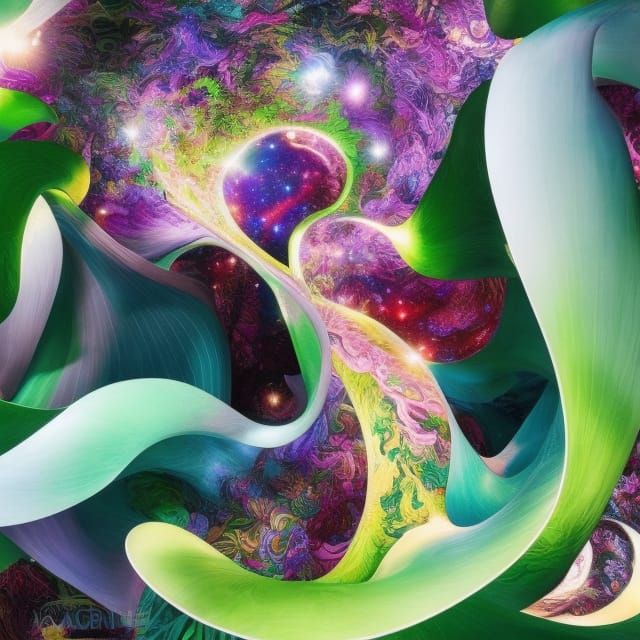 Cosmic Tree with Swirling Leaves in Photoillustration Style