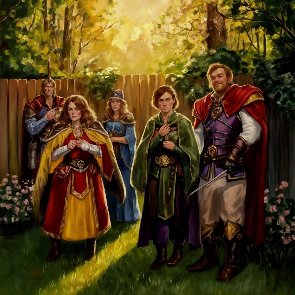 Retro Fantasy Cosplayers in a Whimsical Backyard Scene