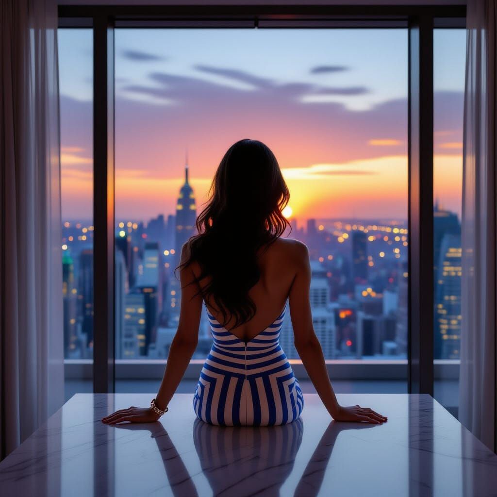 Elegant Woman Gazing at Cityscape Sunset