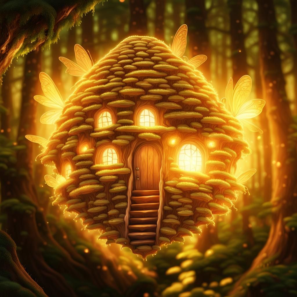 Enchanted Fairy Beehive House in Bioluminescent Forest