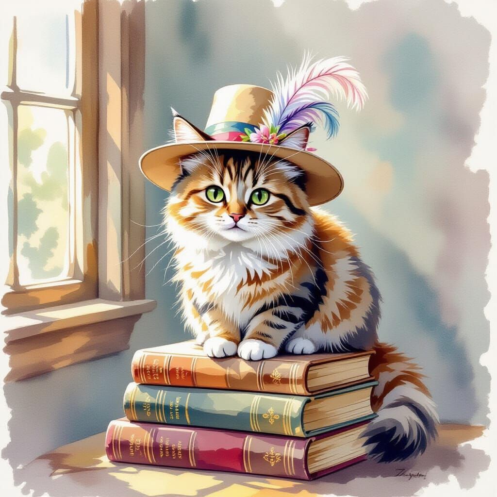Whimsical Watercolor Cat in Feathered Hat on Books