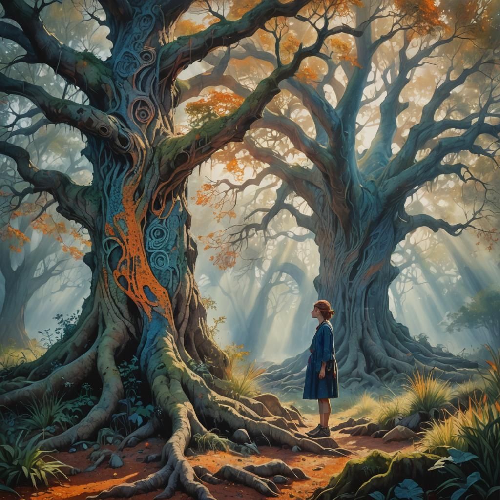 Epic Pointillist Character Among Ancient Tree Roots