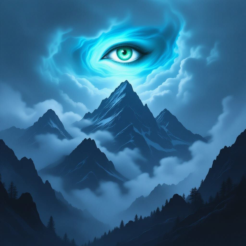 Eerie Green Eye Emerges from Misty Mountains
